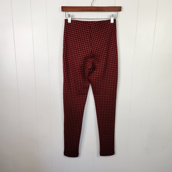 Zara Red Black Buffalo Check Mini Plaid Zip Strech Knit Pants High Rise Leggings - Picture 6 of 9